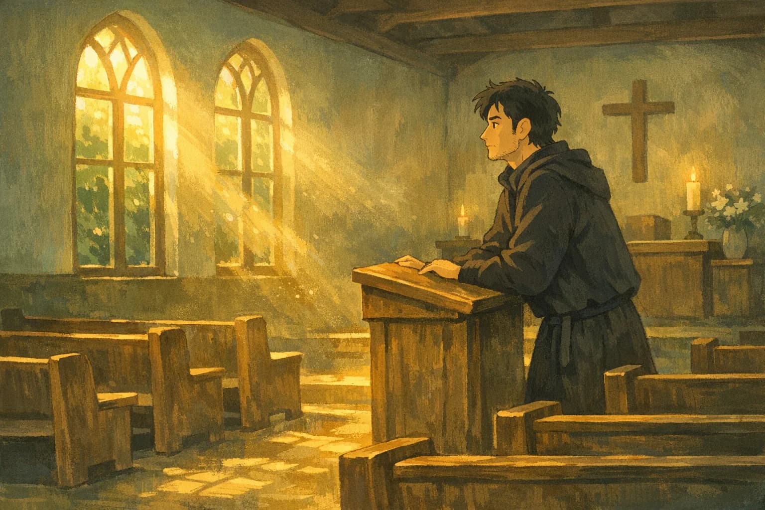 A pastor stands at a pulpit in a warmly lit chapel — Ghibli illustration