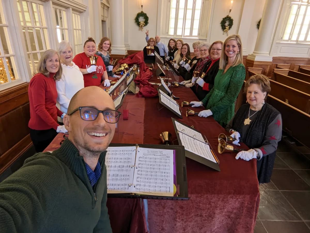 Matt Headley with the full handbell choir, Christmas service