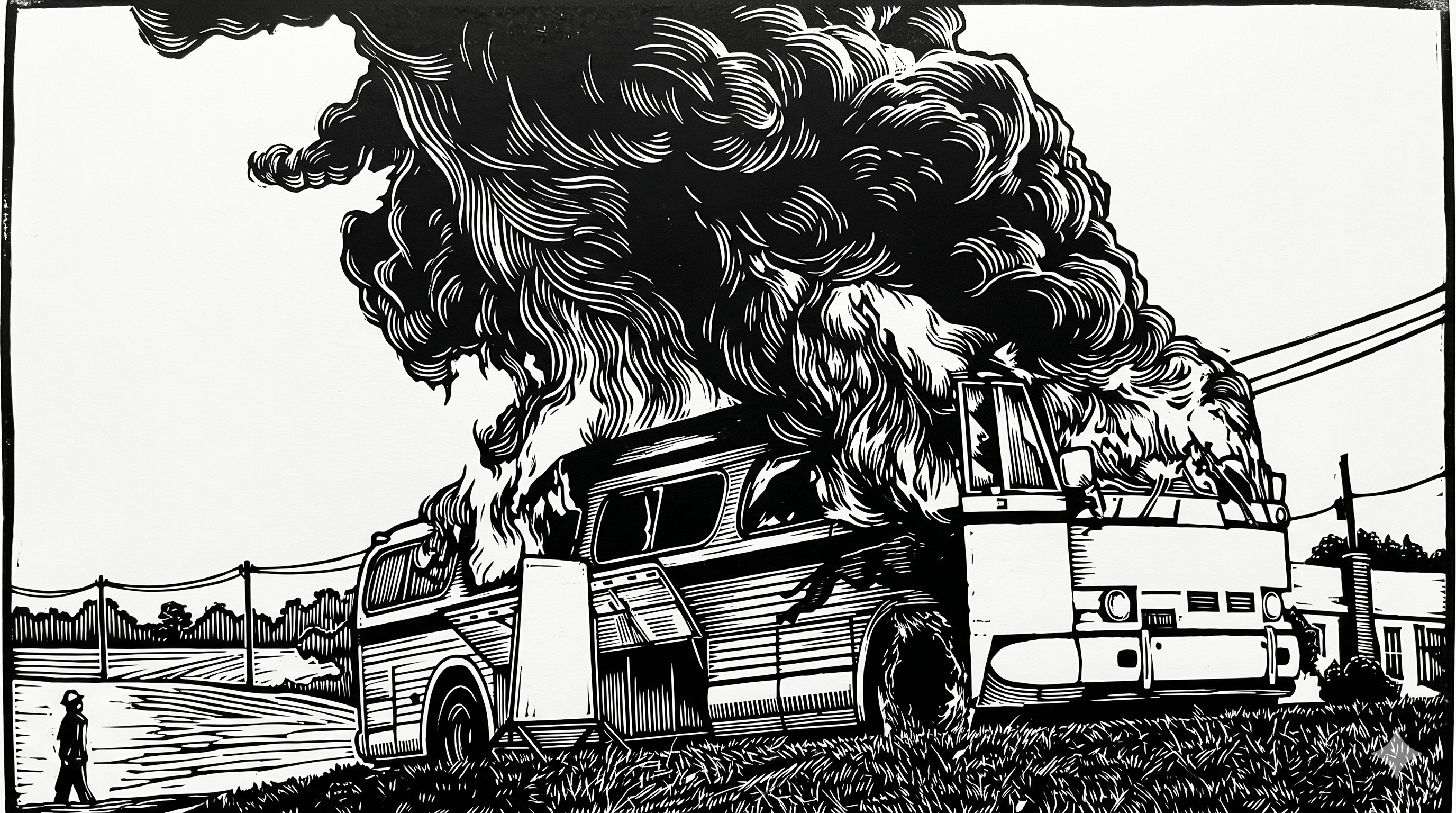 Burning Bus Woodcut